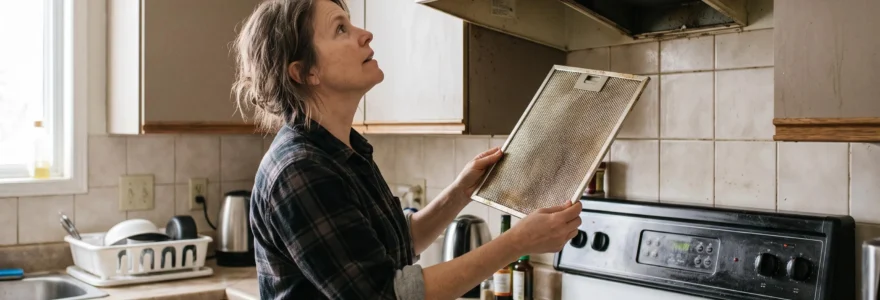 Une femme retire le filtre à graisse de la hotte de cuisine de son appartement.