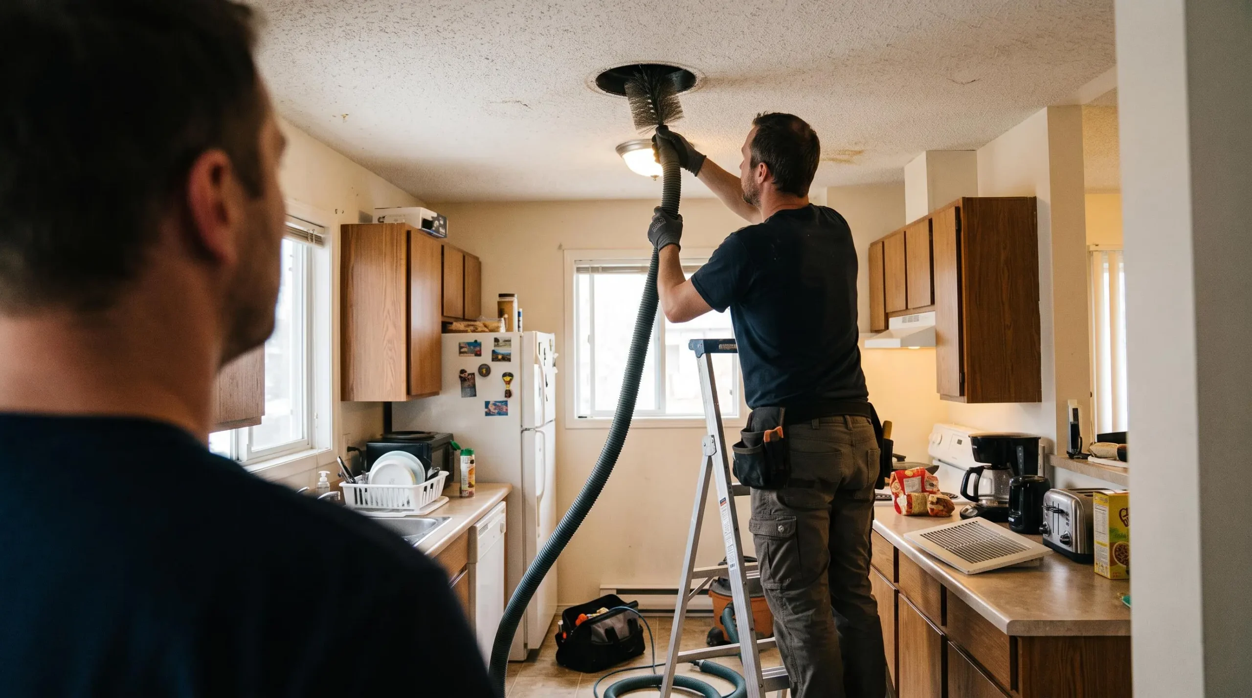 Un professionnel nettoie un conduit d'extraction de cuisine avec une brosse rotative et un tuyau d'aspiration.