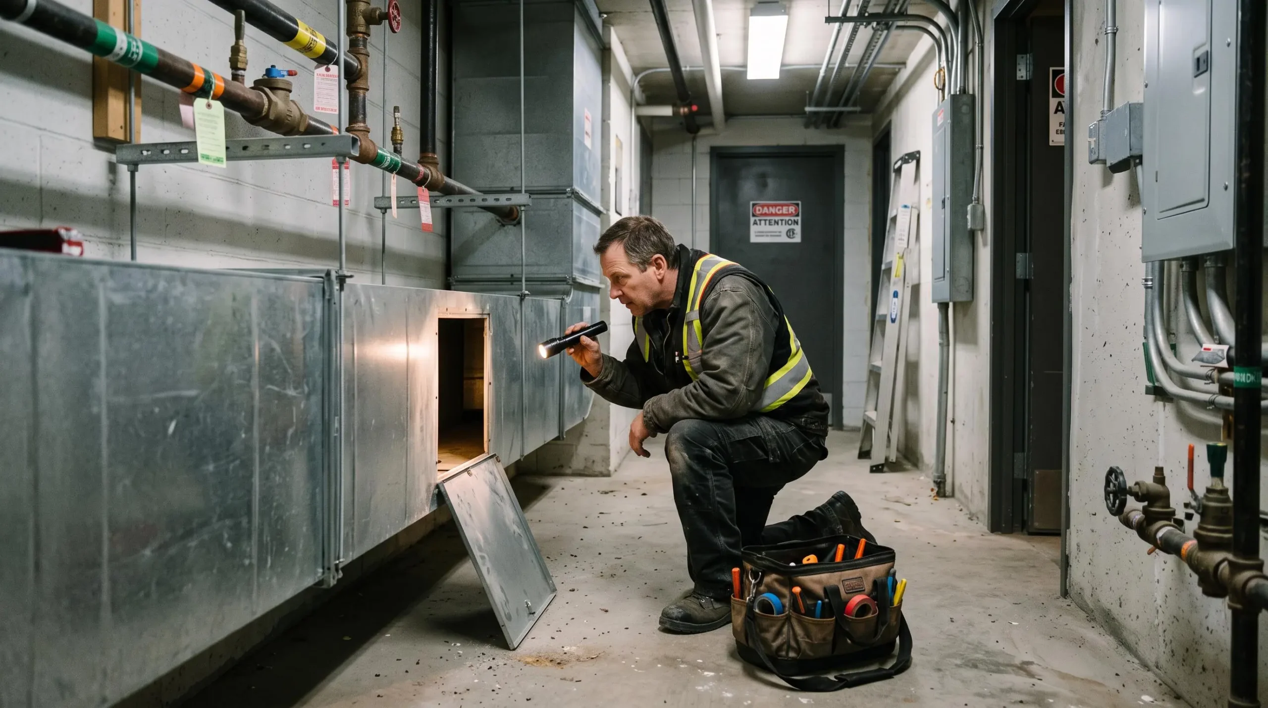 Un technicien inspecte un conduit de ventilation collectif dans un local mécanique d'immeuble.