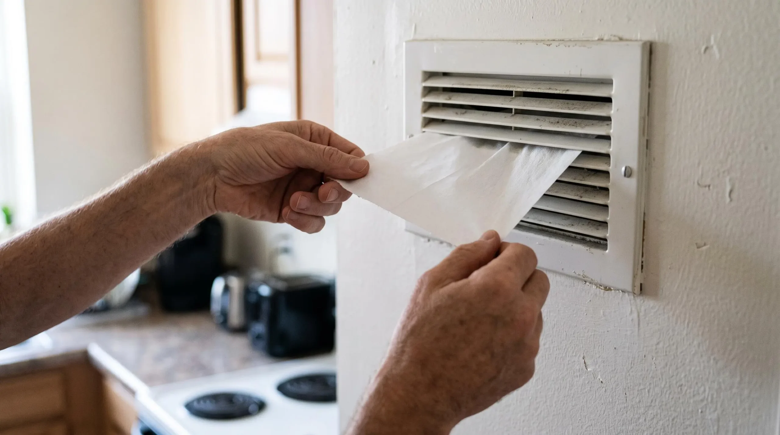 Des mains approchent une feuille de papier d'une grille de ventilation pour tester le flux d'air.